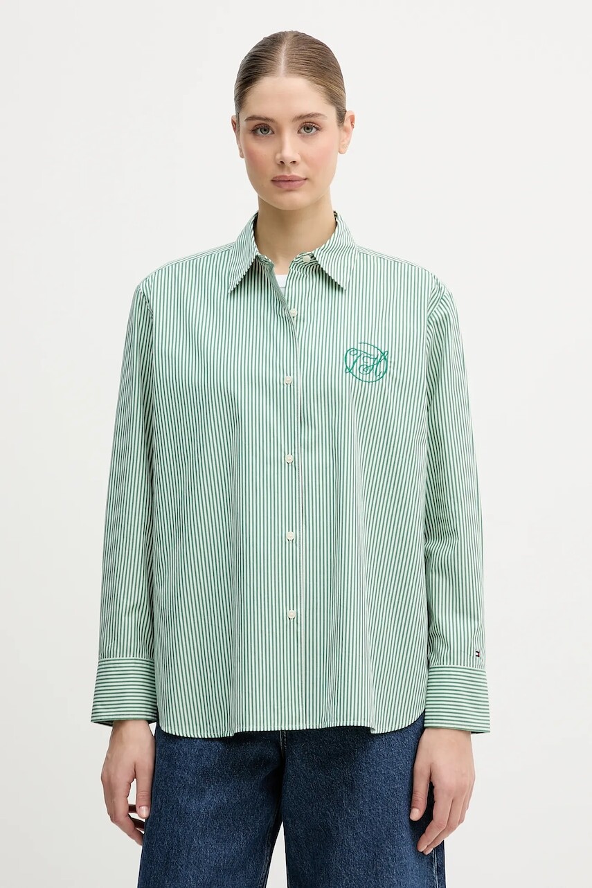 Bavlnená košeľa Tommy Hilfiger zelená farba, voľný strih, s klasickým golierom, WW0WW48190