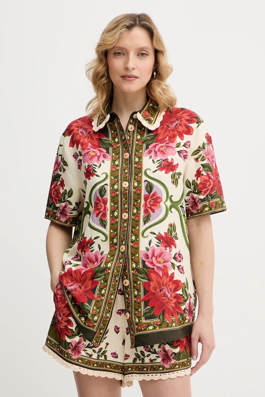 Košeľa s prímesou ľanu Farm Rio béžová farba, regular, s klasickým golierom, 344169