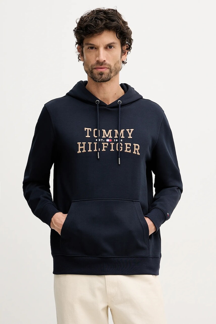 Mikina Tommy Hilfiger tmavomodrá farba, s kapucňou, s nášivkou, MW0MW42528
