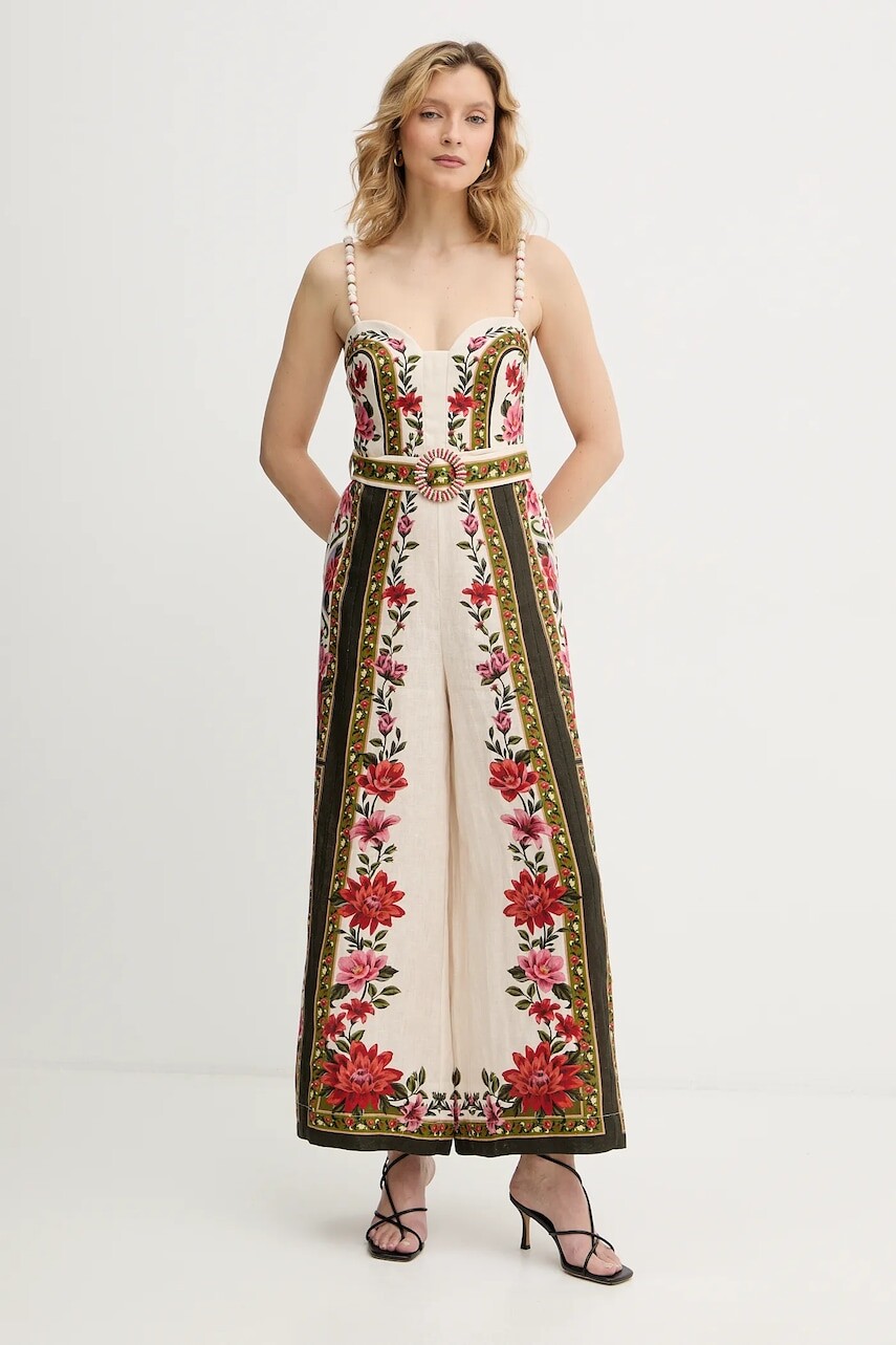 Ľanový overal Farm Rio béžová farba, v výstrih, 344883