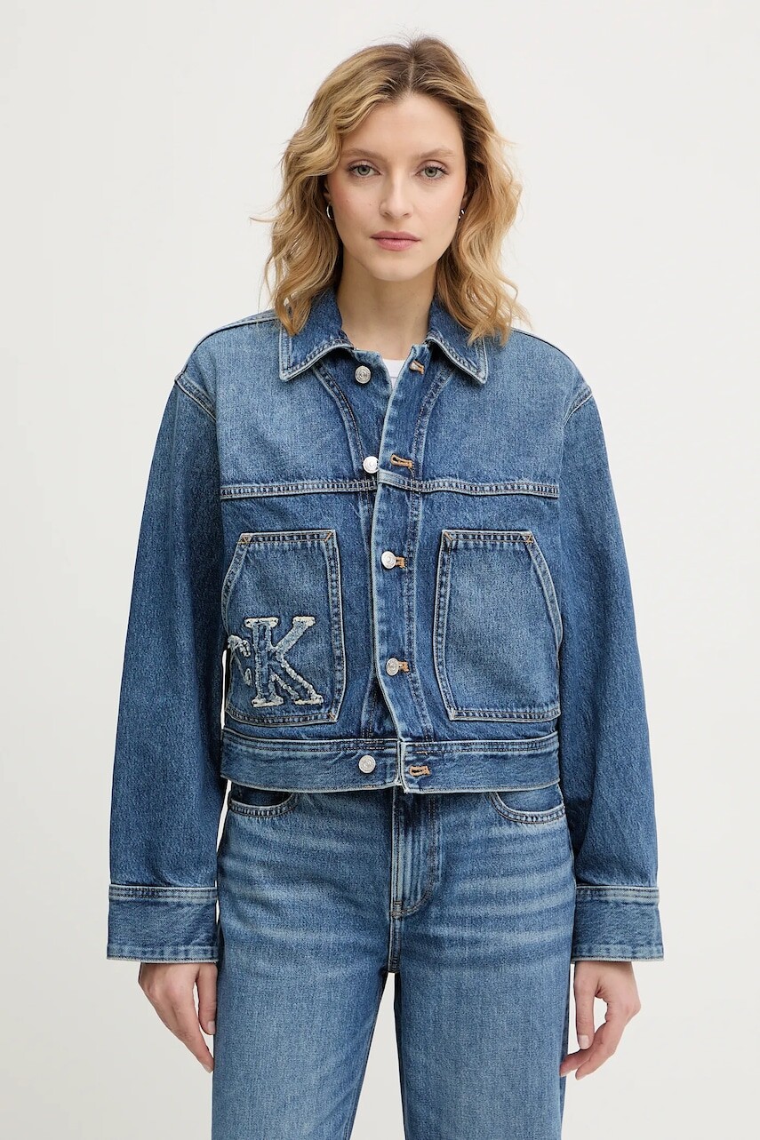 Rifľová bunda Calvin Klein Jeans modrá farba, prechodná, oversize, LV047E906G