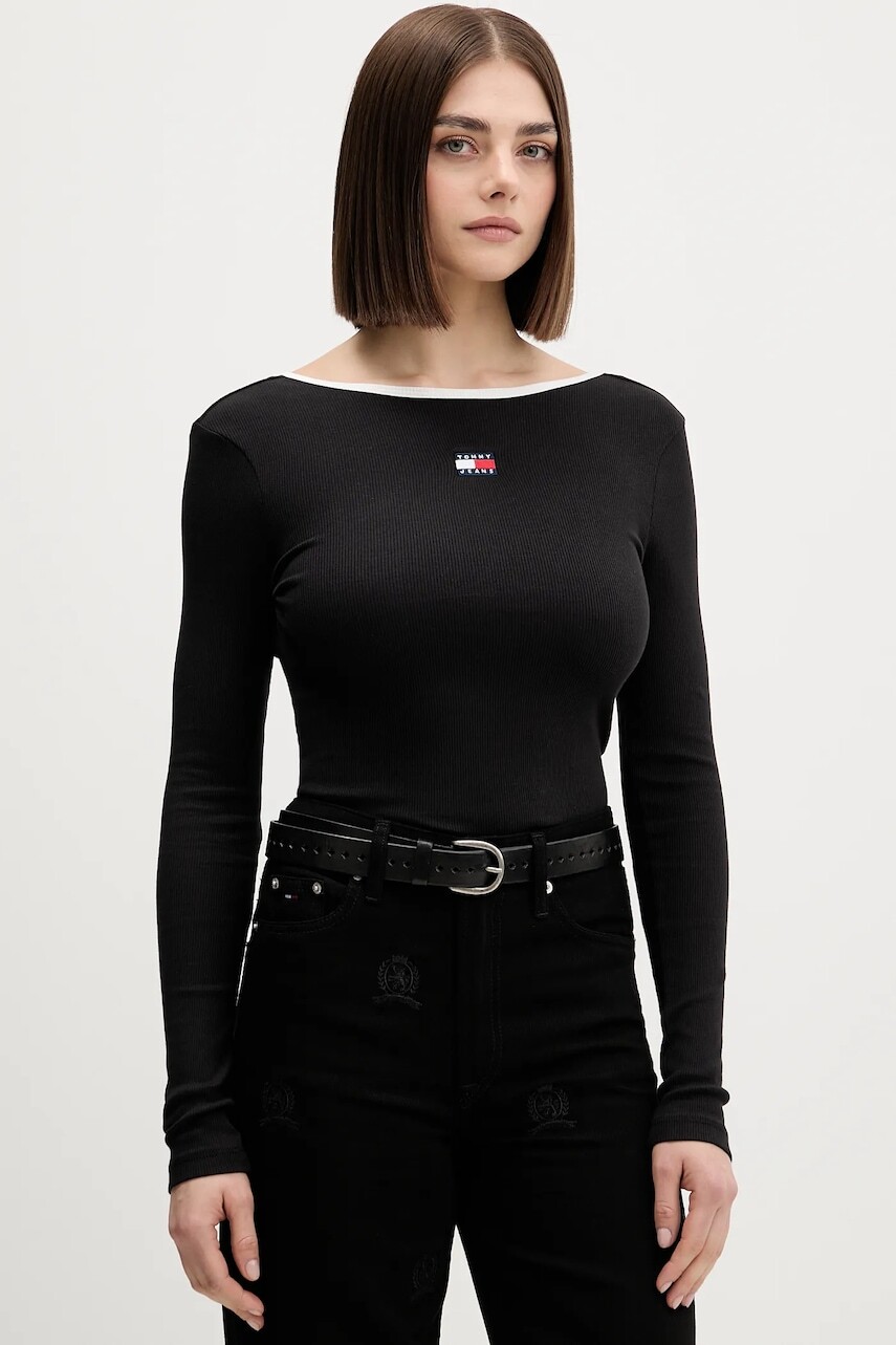 Tričko s dlhým rukávom Tommy Jeans čierna farba, holý chrbát, DW0DW21839