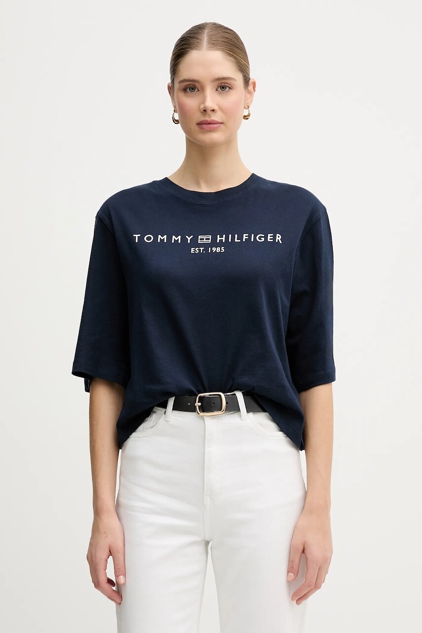 Bavlnené tričko Tommy Hilfiger dámske, tmavomodrá farba, WW0WW47811