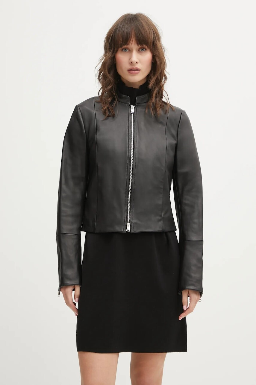 Kožená bunda HUGO Lasari čierna farba, prechodná, 50555743