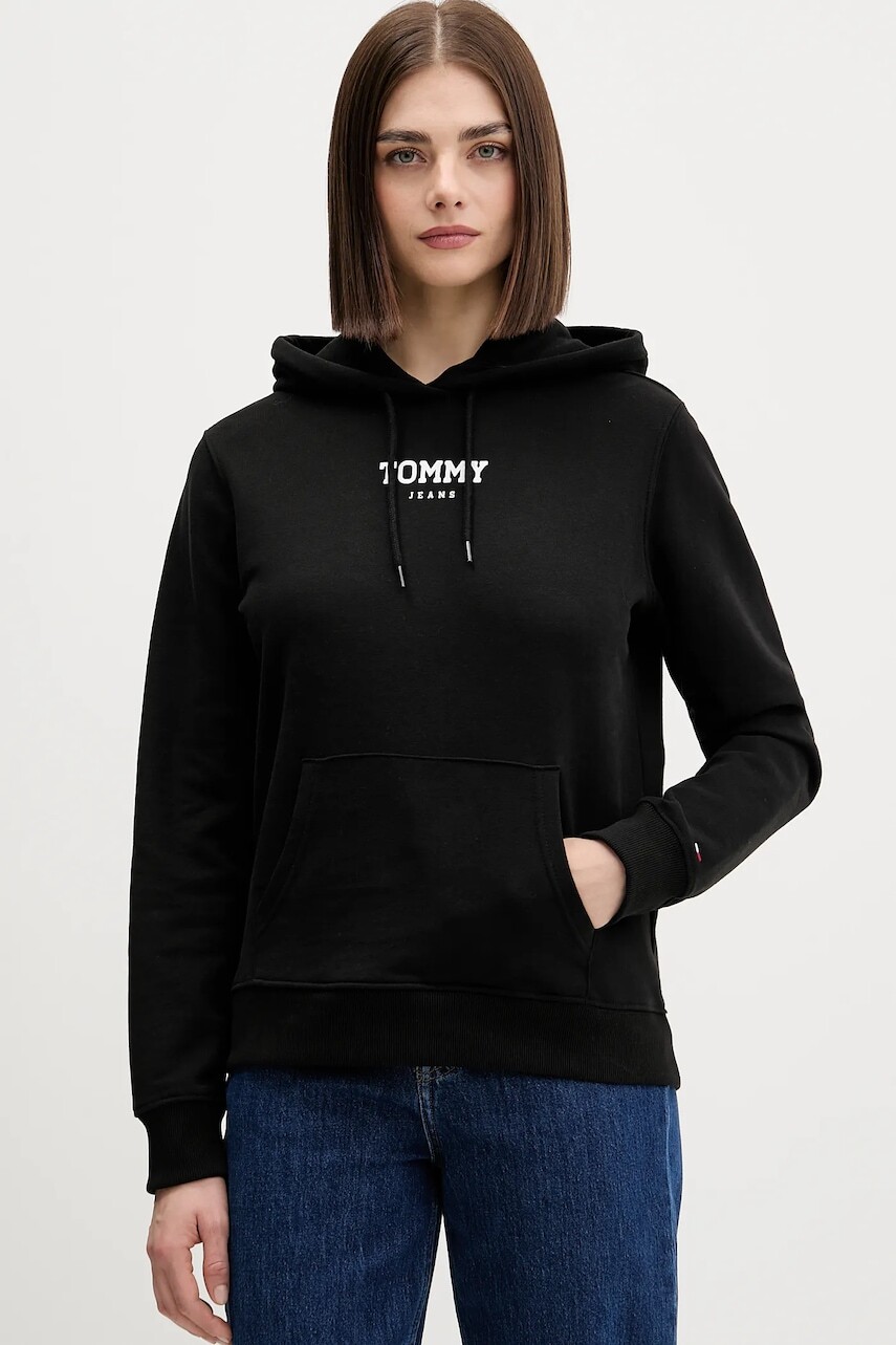Bavlnená mikina Tommy Jeans čierna farba, s kapucňou, s potlačou, DW0DW21921