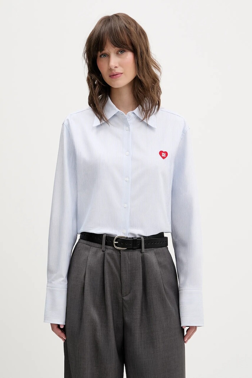 Bavlnená košeľa HUGO Erselia modrá farba, regular, s klasickým golierom, 50556370