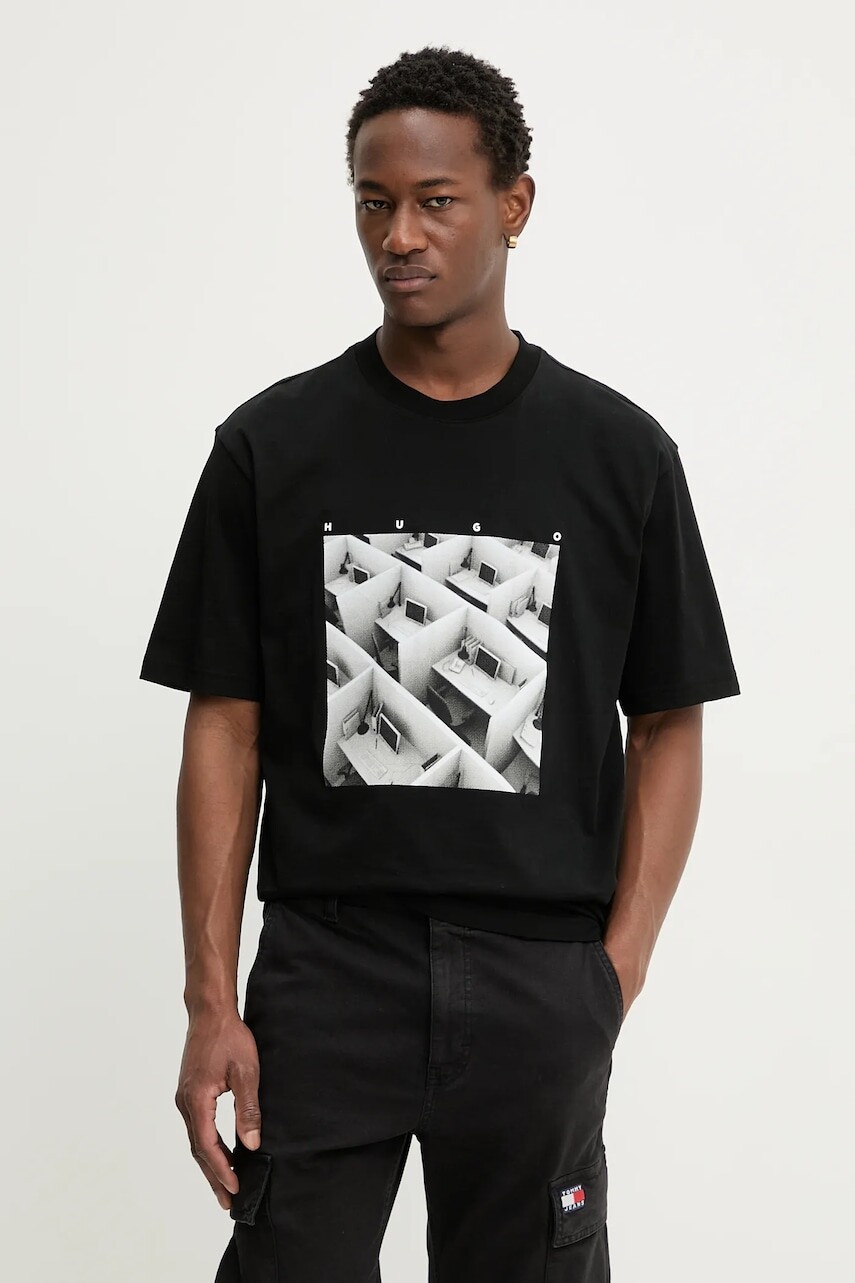 Bavlnené tričko HUGO Dodger pánske, čierna farba, s potlačou, 50553330