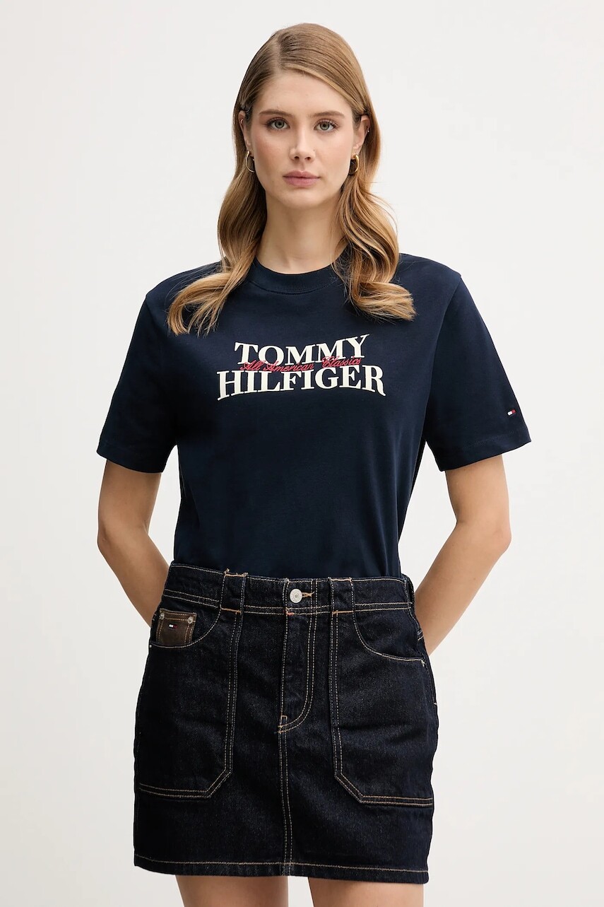 Bavlnené tričko Tommy Hilfiger dámske, tmavomodrá farba, WW0WW47884