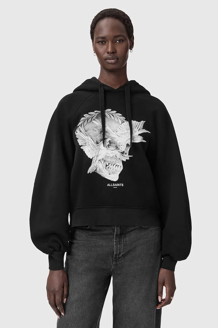 Bavlnená mikina AllSaints čierna farba, s kapucňou, s potlačou, W092JD