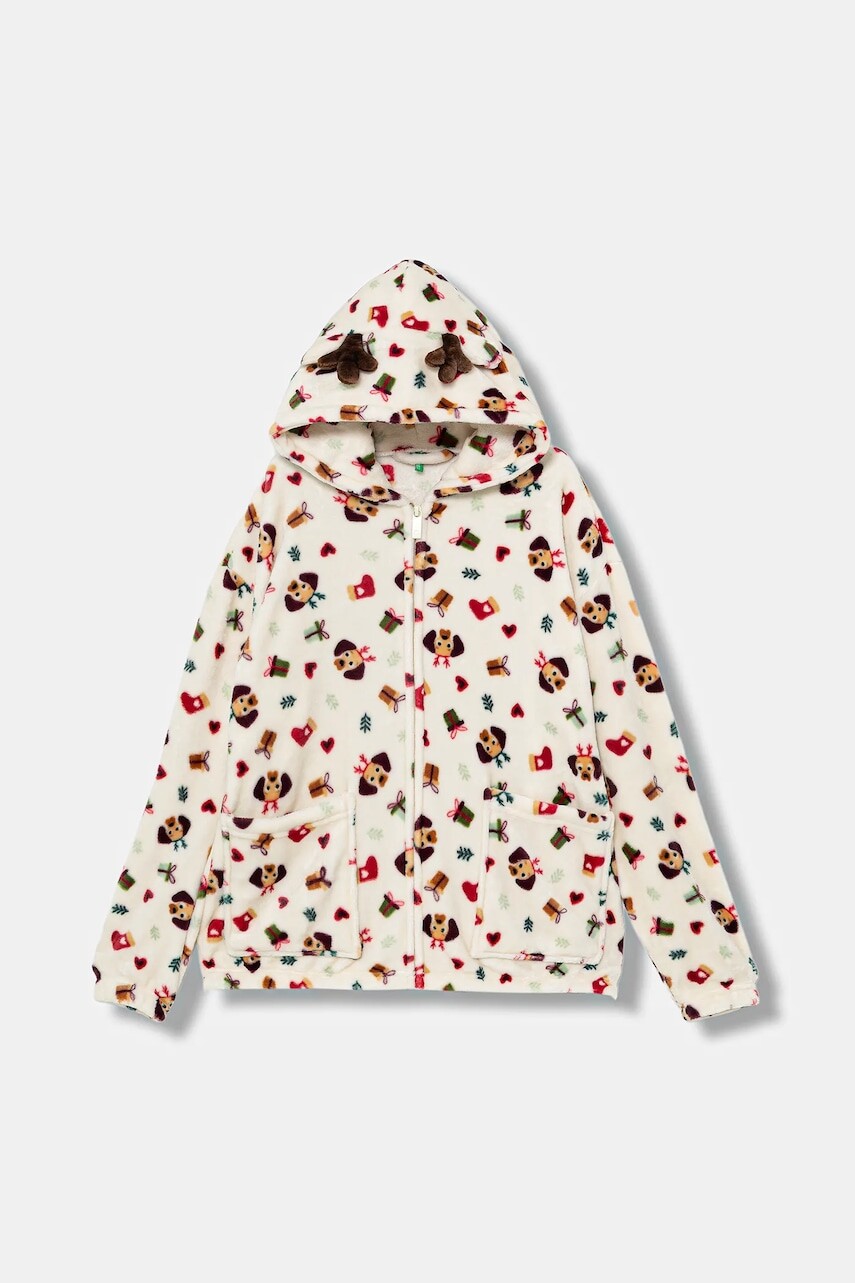Detská fleecová mikina United Colors of Benetton béžová farba, s kapucňou, vzorovaná, 6FK81800W