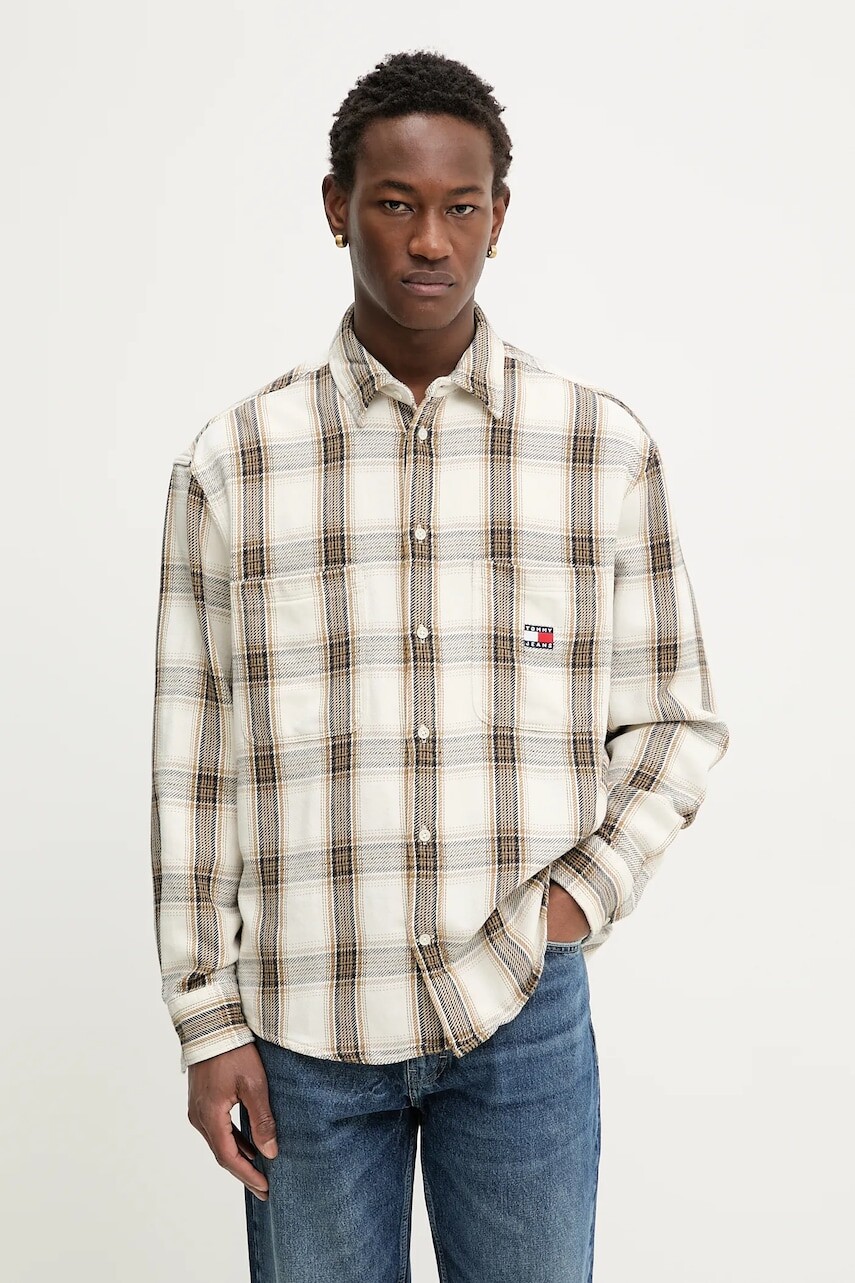 Bavlnená košeľa Tommy Jeans béžová farba, regular, s klasickým golierom, DM0DM22411