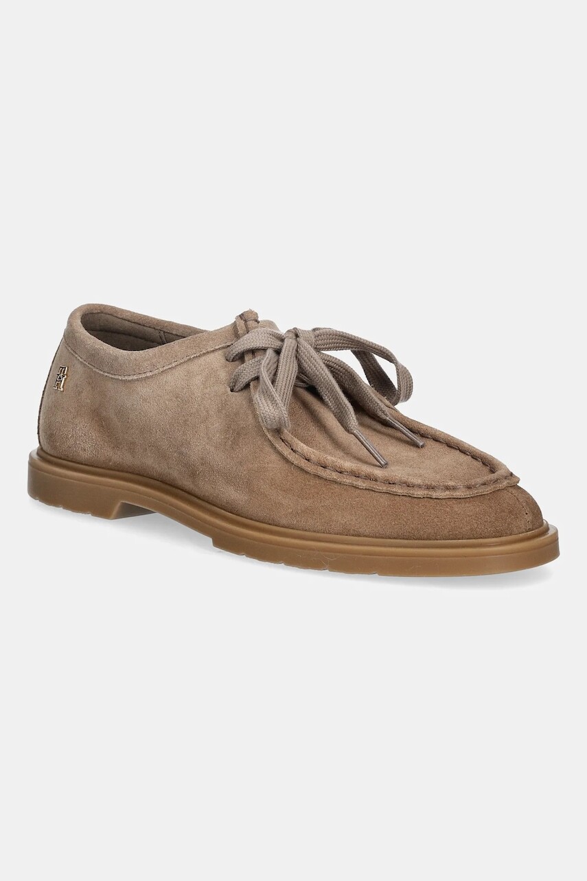 Semišové mokasíny Tommy Hilfiger LIGHTWEIGHT SUEDE APRON TOE béžová farba, na plochom podpätku, FW0FW09262