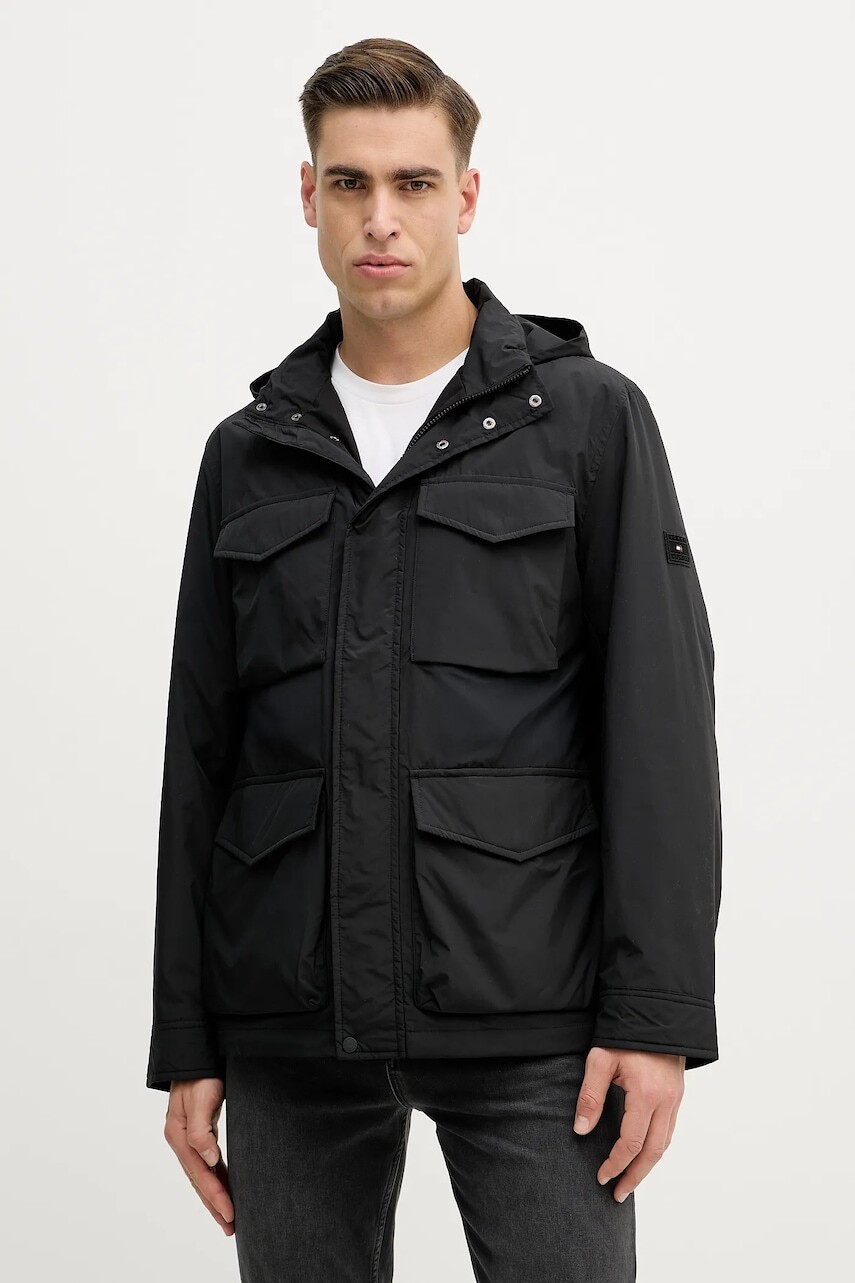 Bunda Tommy Hilfiger čierna farba, prechodná, MW0MW42568