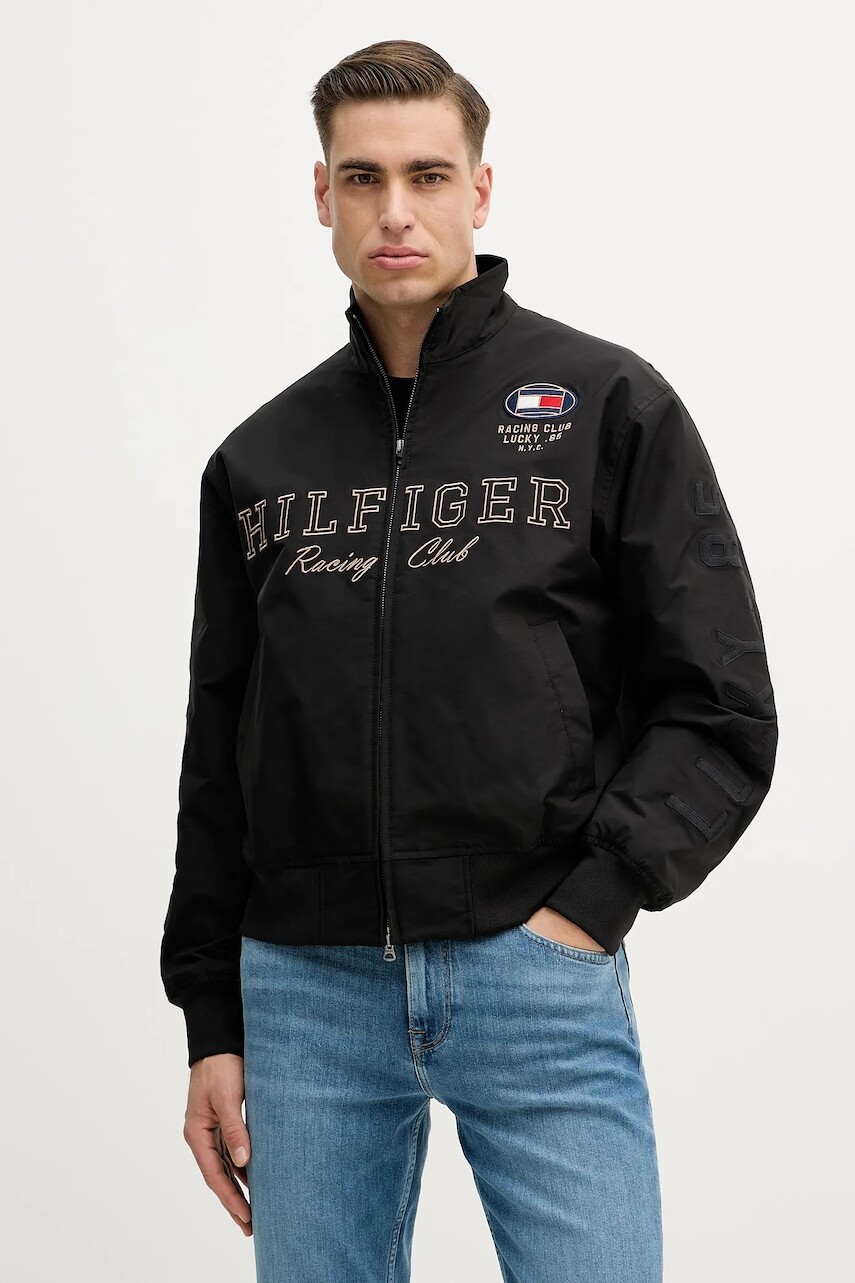 Bunda Tommy Hilfiger čierna farba, prechodná, oversize, MW0MW42565