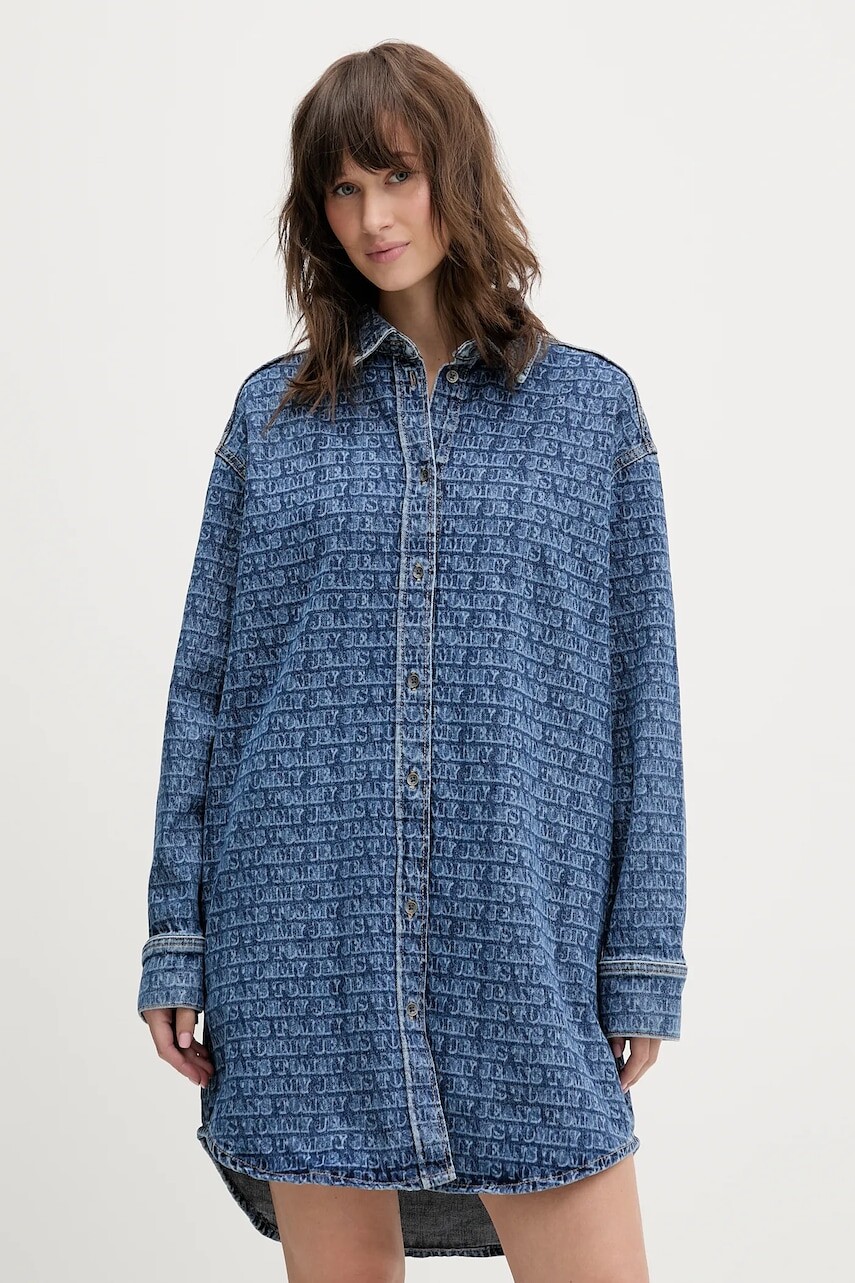Rifľové šaty Tommy Jeans modrá farba, mini, oversize, DW0DW22492