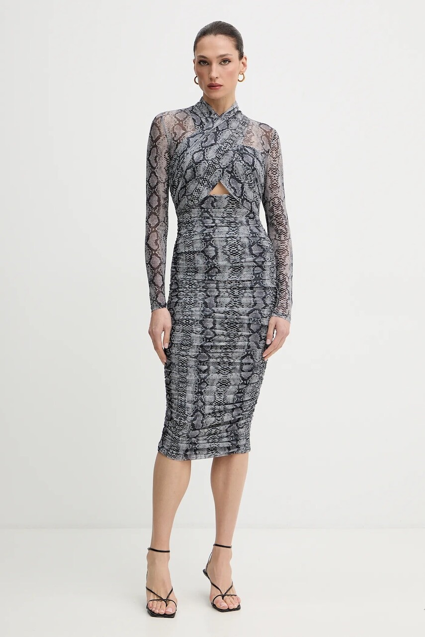 Šaty Bardot šedá farba, mini, priliehavé, 56305DB3