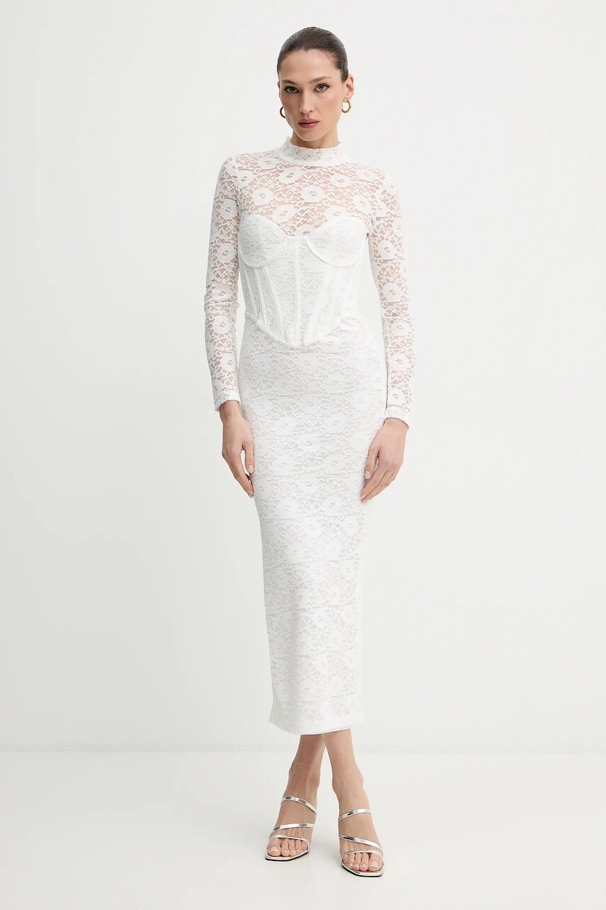 Šaty Bardot béžová farba, maxi, priliehavé, 60189DB