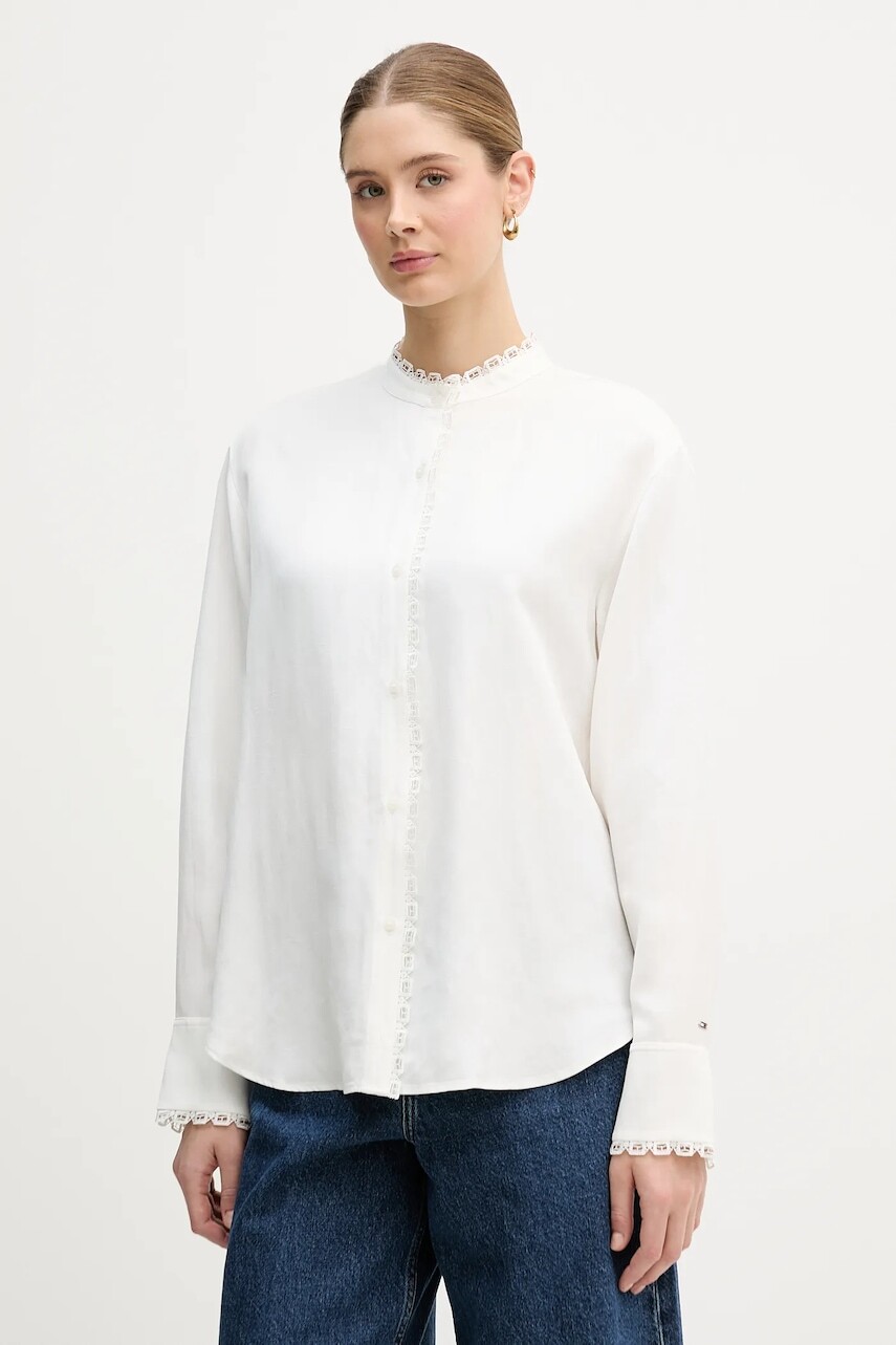 Košeľa s prímesou ľanu Tommy Hilfiger béžová farba, voľný strih, s klasickým golierom, WW0WW48654