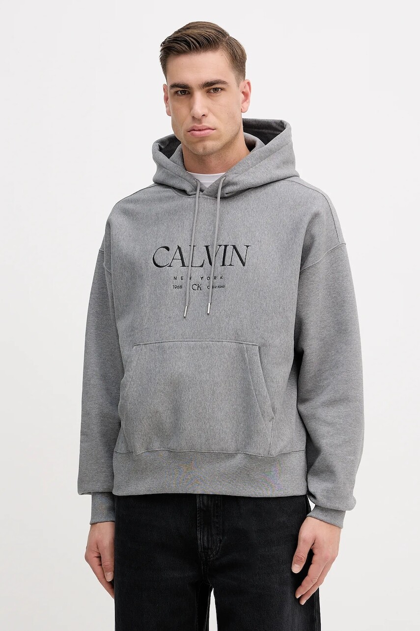 Mikina Calvin Klein šedá farba, s kapucňou, jednofarebná, LV04RE207G