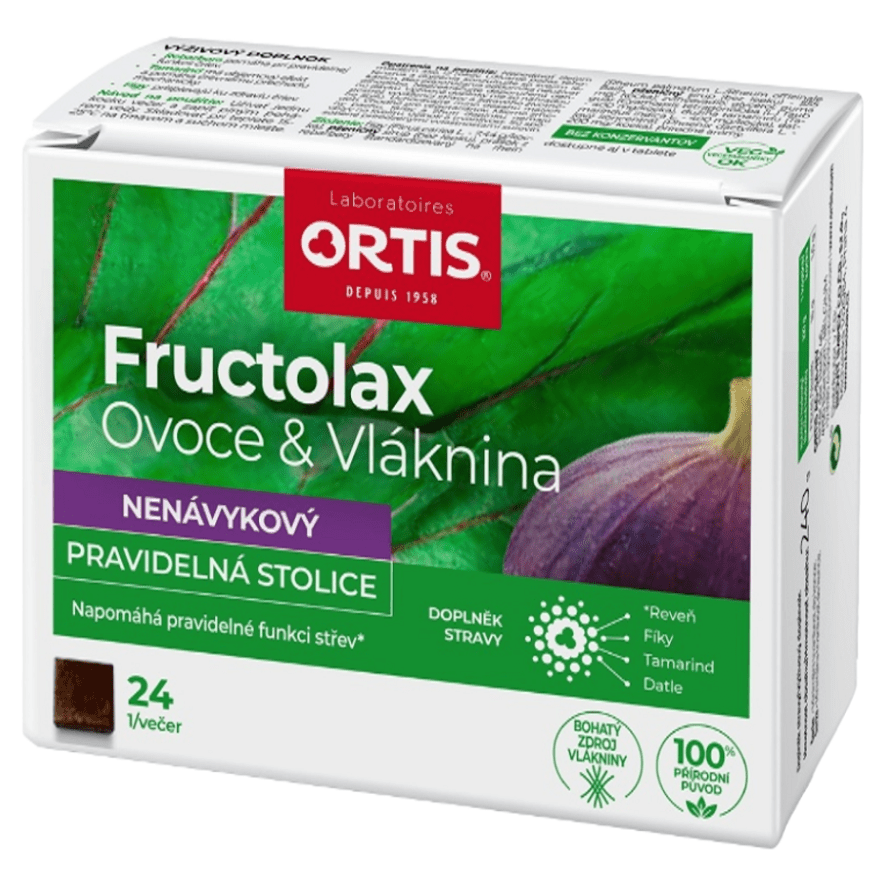 ORTIS Fructolax Ovocie & Vláknina 24 žuvacích kociek, poškodený obal