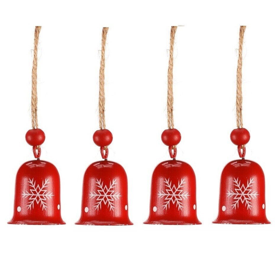 Súprava závesných vianočných zvončekov, 4 ks, červená, kov