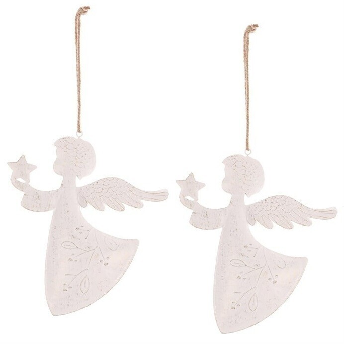 Závesná vianočná dekorácia Anjel 2 ks, kov, biela