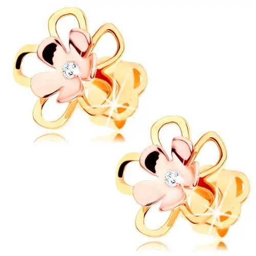 Náušnice zo 14K zlata - lesklý dvojfarebný kvietok s čírym diamantom v strede