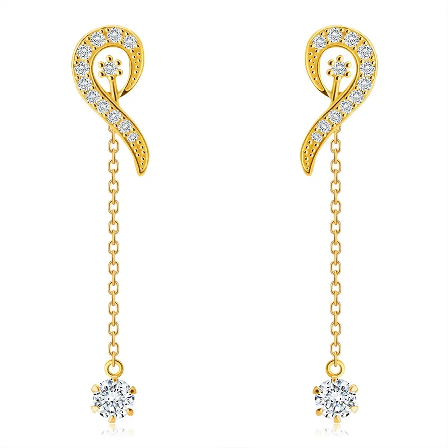 Zlaté 14K náušnice - línia slučky vykladaná zirkónikmi, krátka retiazka so zirkónom v kotlíku