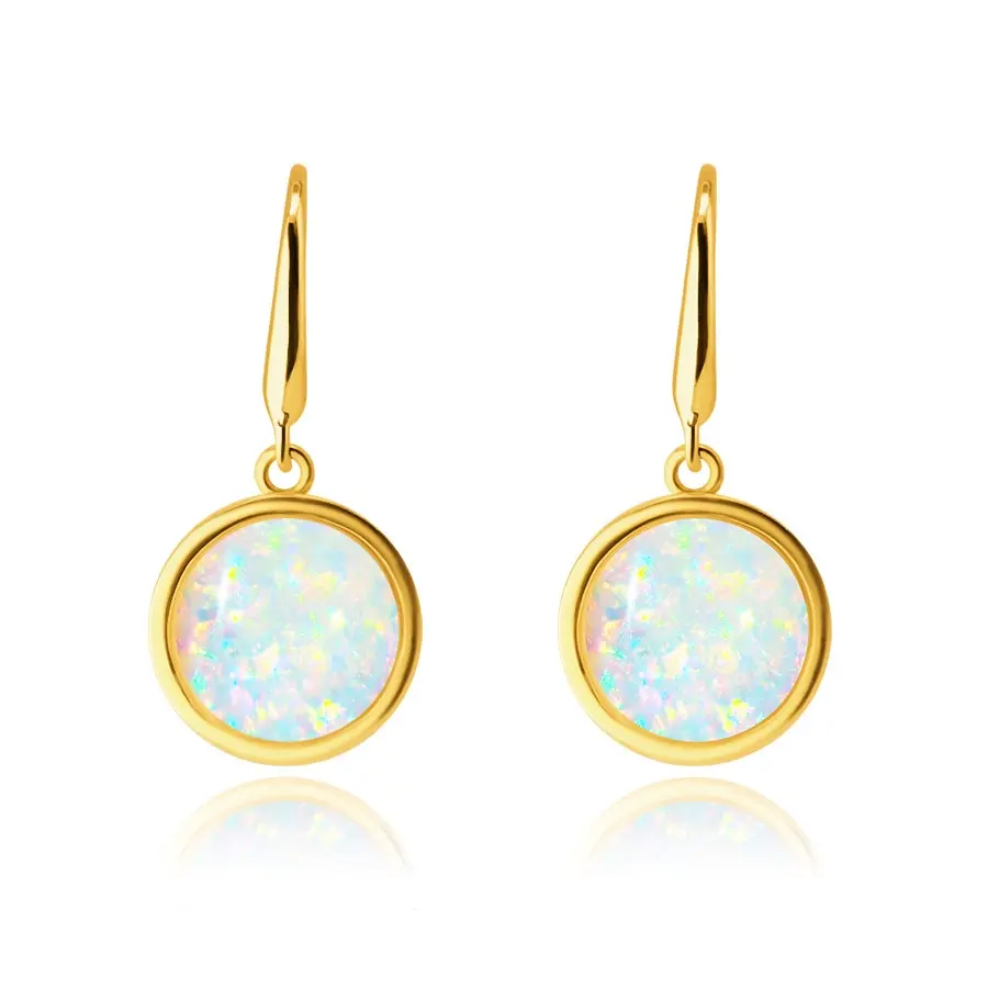 Náušnice zo 14K zlata - vypuklý syntetický opál v okrúhlej objímke, afroháčik