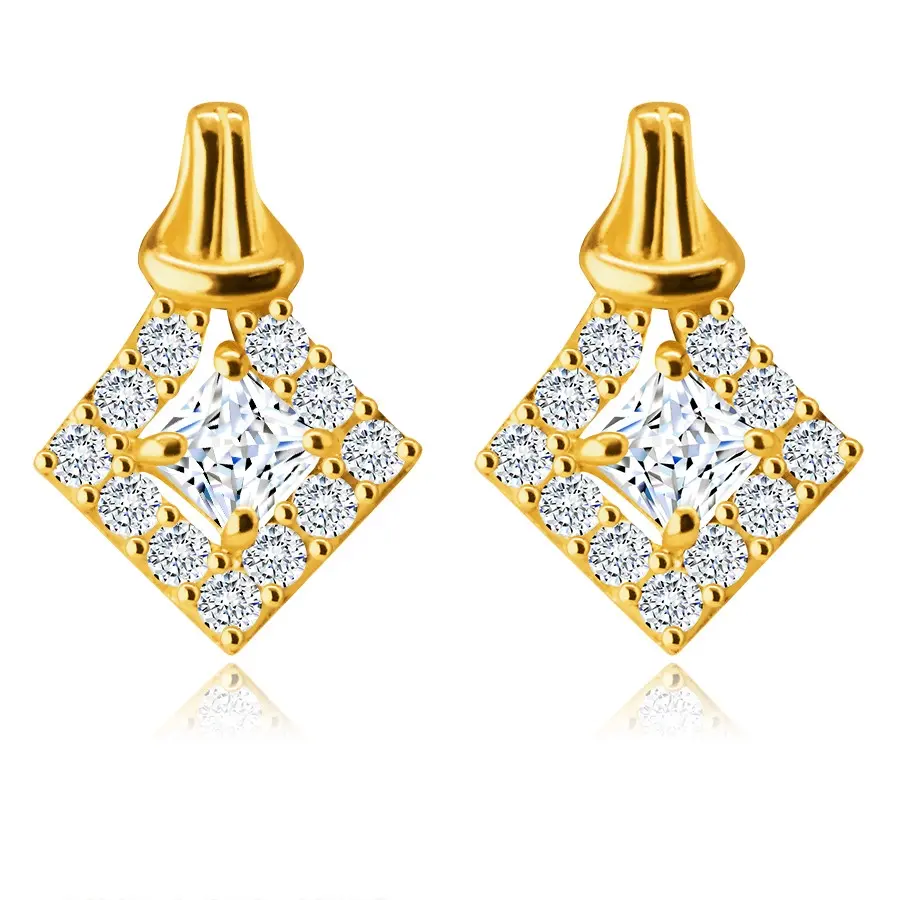 Zlaté 14K náušnice - zirkón vsadený v línii kosoštvorca vykladaného čírymi zirkónikmi, slučka, puzetky