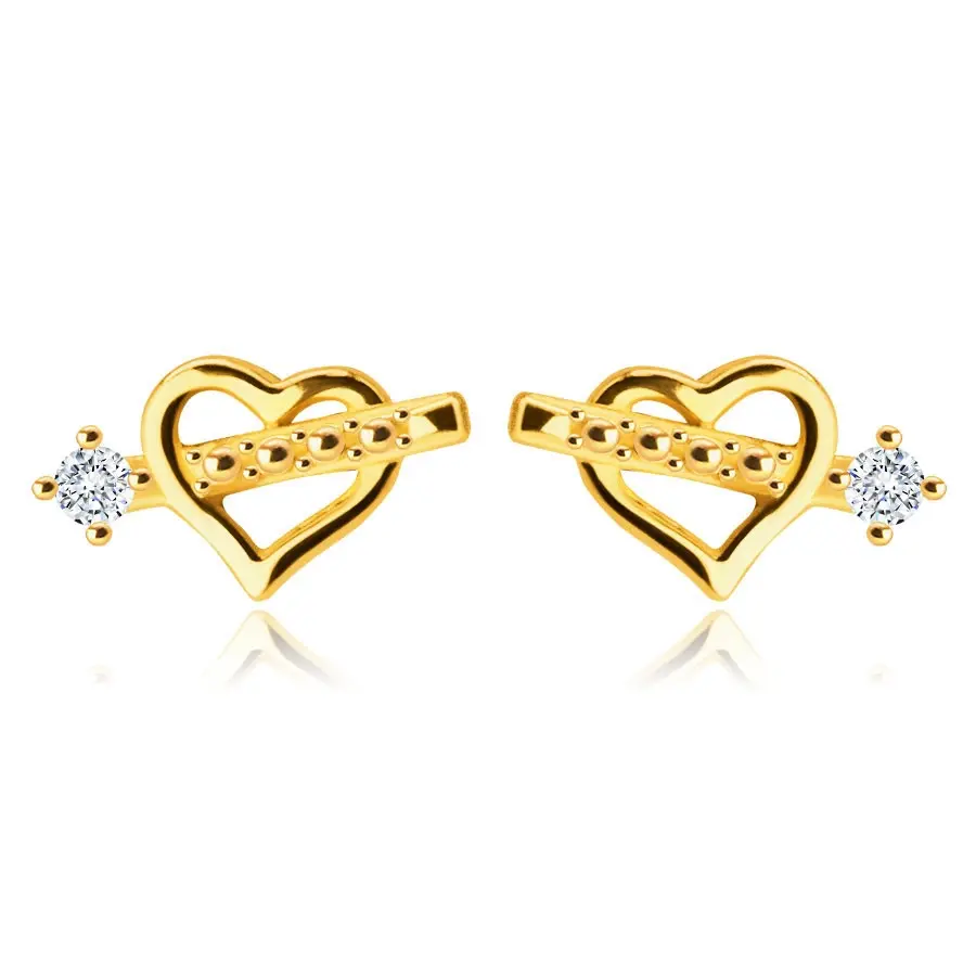 Náušnice zo 14K zlata - srdiečko s Amorovým šípom, zirkón v kotlíku, puzetky