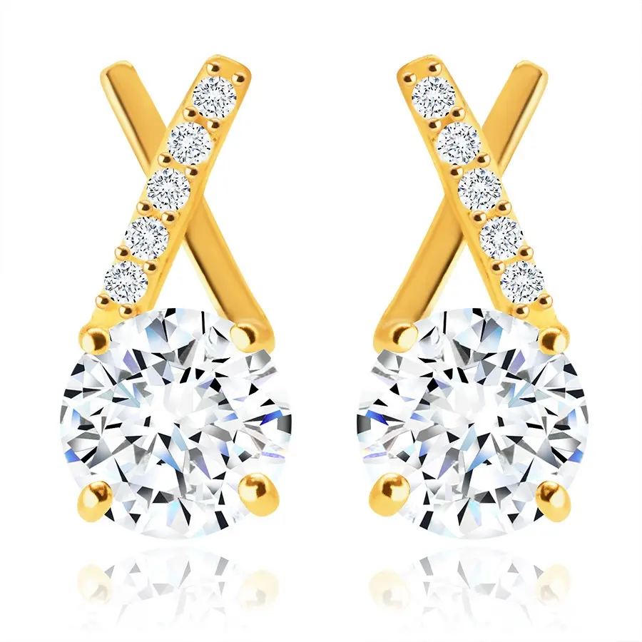 Náušnice v žltom 14K zlate - dve prekrížené línie, veľký lesklý okrúhly zirkón, puzetky