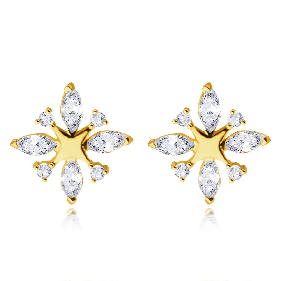 Náušnice zo 14K žltého zlata - malá lesklá hviezdička, slzičky vykladané zirkónom, okrúhle zirkóniky
