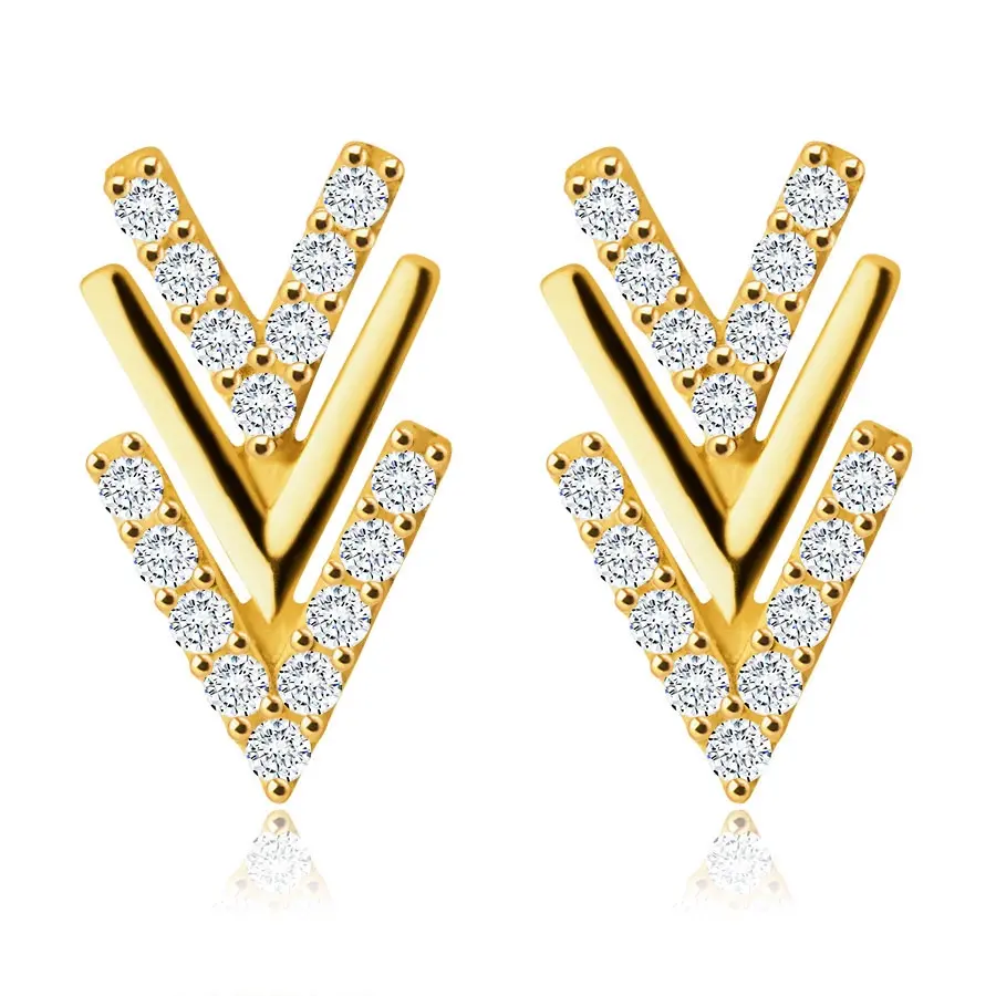 Zlaté 14K náušnice - motív trojitého písmena V, hladká línia, kontúry zdobené čírymi zirkónikmi
