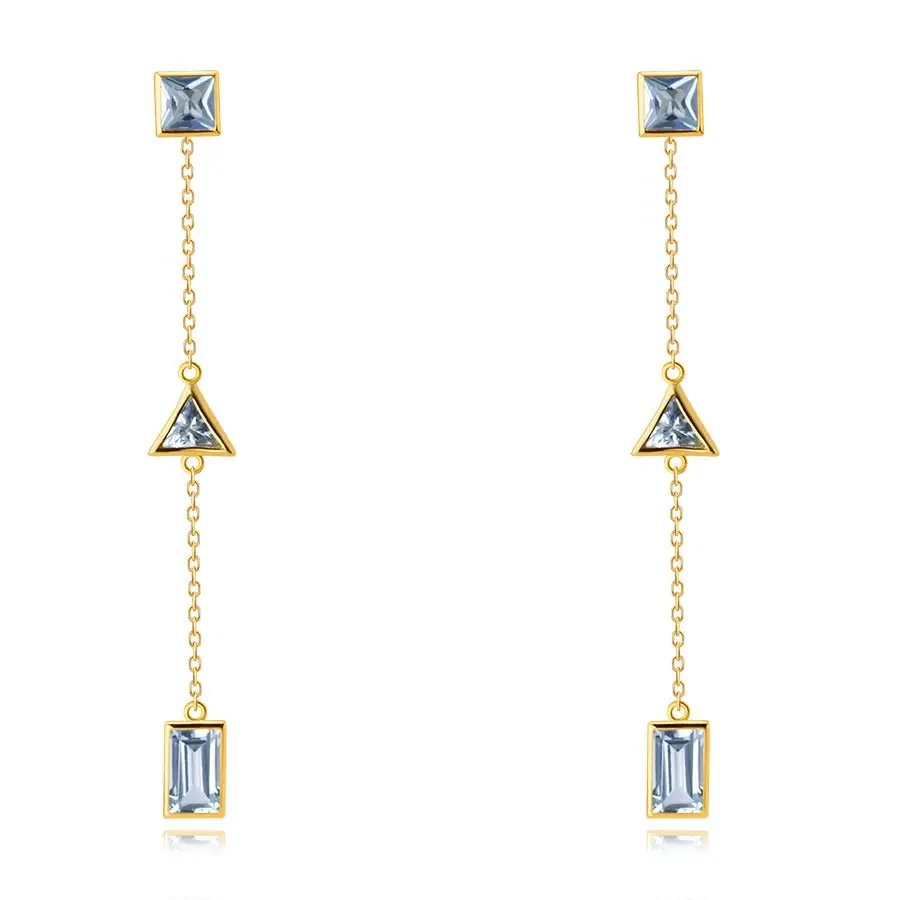 Náušnice zo 14K žltého zlata - krátka retiazka s geometrickými tvarmi, syntetický akvamarín