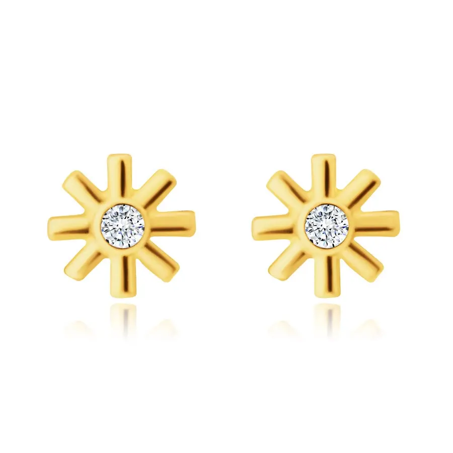 Zlaté 14K náušnice - kvietok, drobný okrúhly zirkón, tenké hladké lupienky, puzety