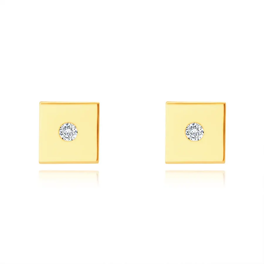 Zlaté 14K náušnice - hladký lesklý štvorček, drobný okrúhly zirkón, puzetové zapínanie
