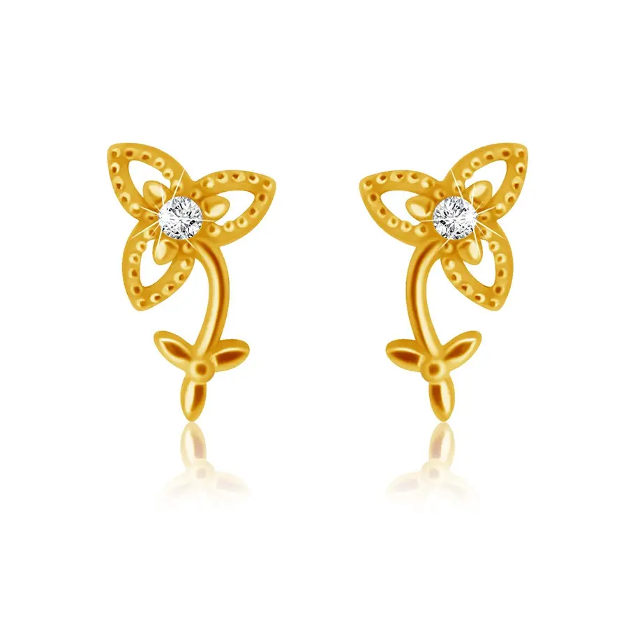 Diamantové náušnice zo 14K žltého zlata - kvet so stopkou a listami, číry briliant