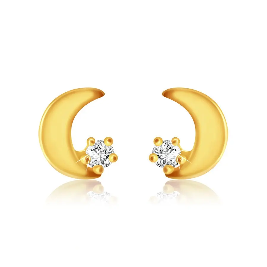 Puzetové náušnice v žltom 14K zlate - plochý mesiačik, okrúhly zirkónik čírej farby