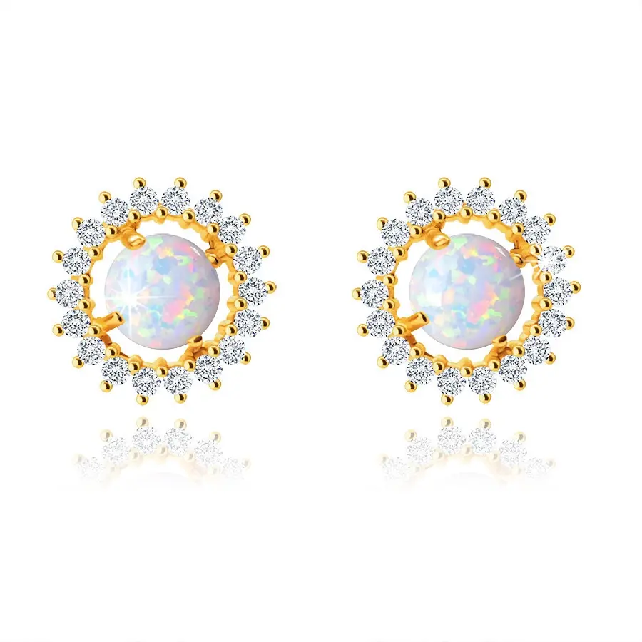 Puzetové náušnice zo žltého 14K zlata, kvietok, biely syntetický opál, číre zirkóny