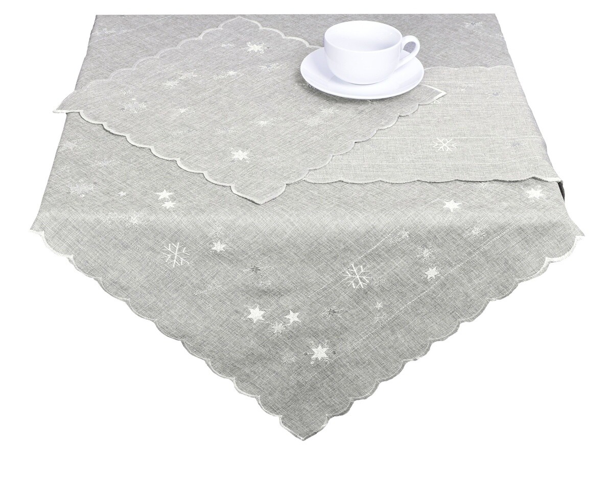 Obrus Vianočné, Strieborné vločky a strieborno biele hviezdičky, šedý