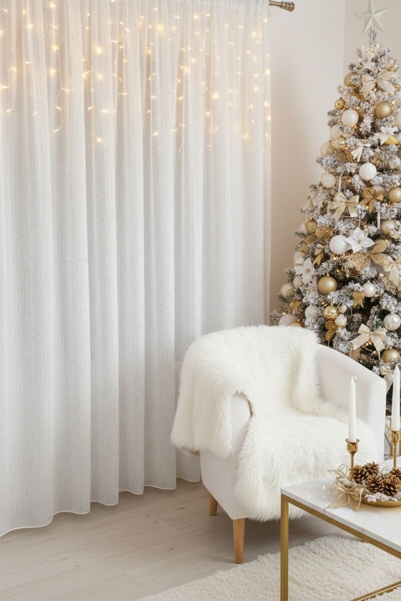 Záclona s prekrúcanou väzbou, Dážď lurex zlatý, biela 150 cm