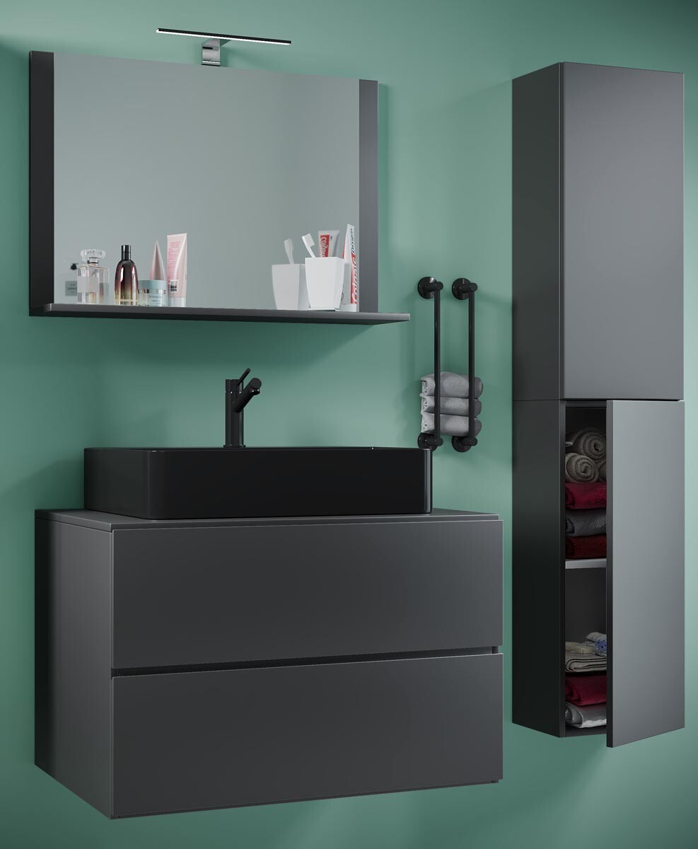4-dielna umývadlová skrinka Lendas BL L so zrkadlom 80 cm + vysoká skrinka, antracit
