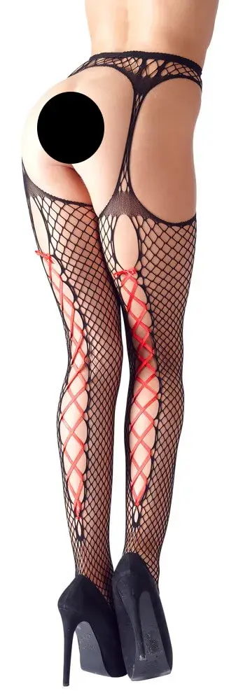 Cottelli - Čierne sieťované pančuchy s červenou šnúrkou