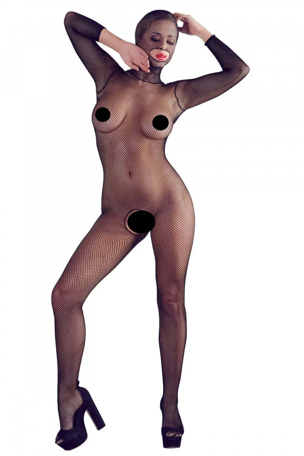 Mandy Mystery - Čipkovaný sieťový overal s maskou, čierny (S-L)