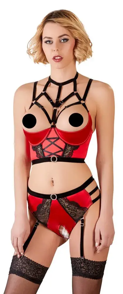 Abierta Fina - súprava na zdvihnutie poprsia s krúžkami (červeno-čierna)