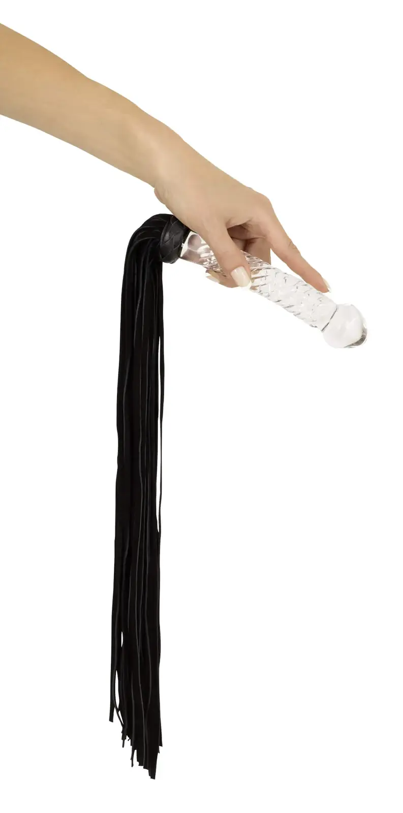 Bad Kitty - Kožený bič s dildom (priehľadno-čierny)