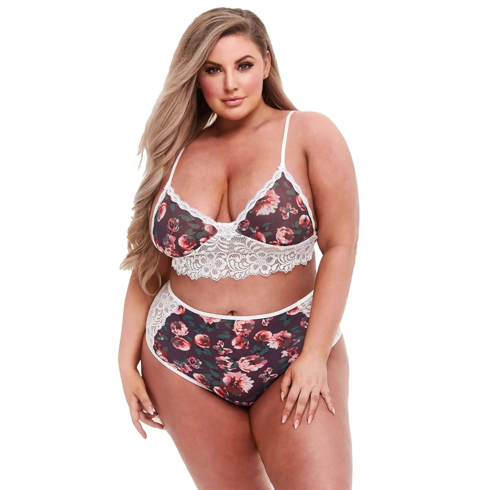 Baci Plus Size - Kvetovaný čipkovaný podprsenkový set