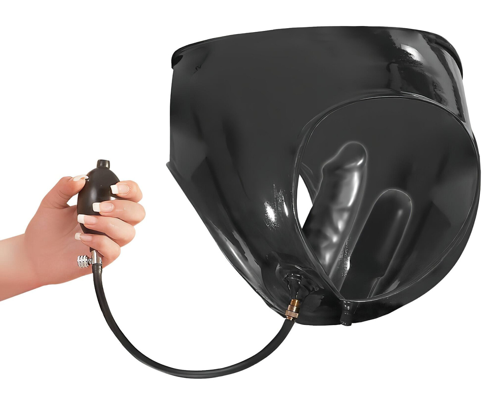 LATEX nohavice s 2 pumpovateľnými dildami (čierne)