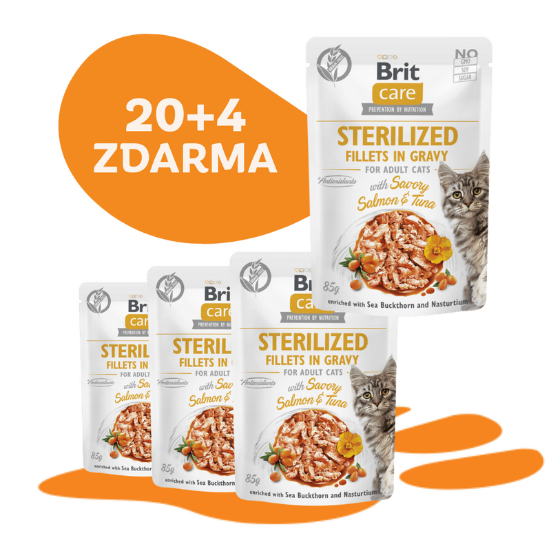 20 + 4 ZDARMA BCC Sterilized. Fillets in Gravy with Savory Salmon&Tuna 85 g